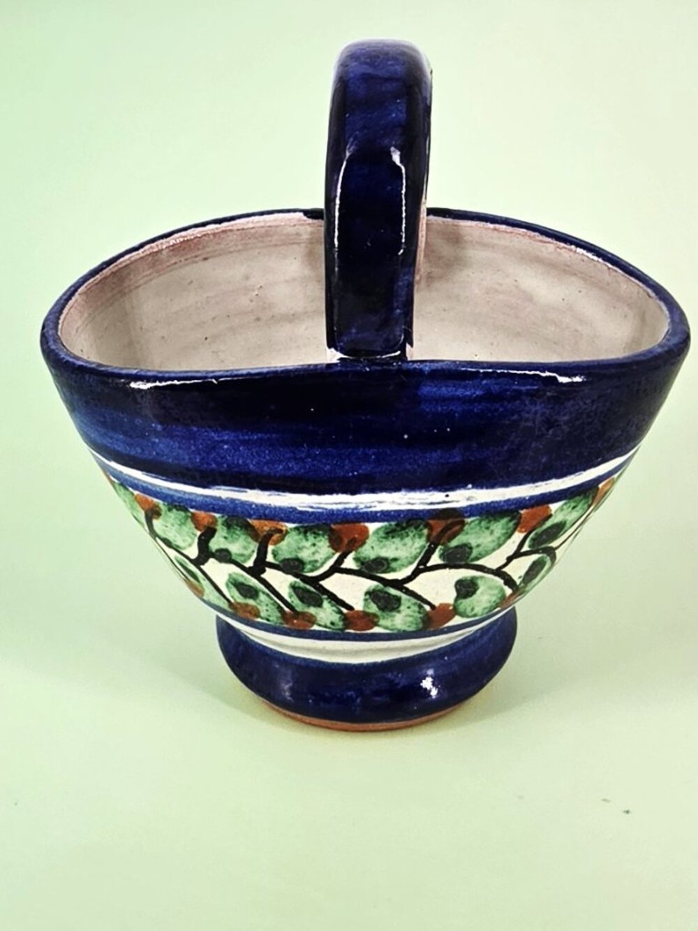 1990s Handmade Mexican Pottery Mini Handled Basket Succulent Planter Leaf Design